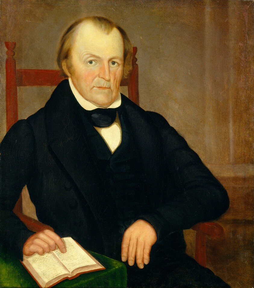 Old Man in Red Slat Back Chair