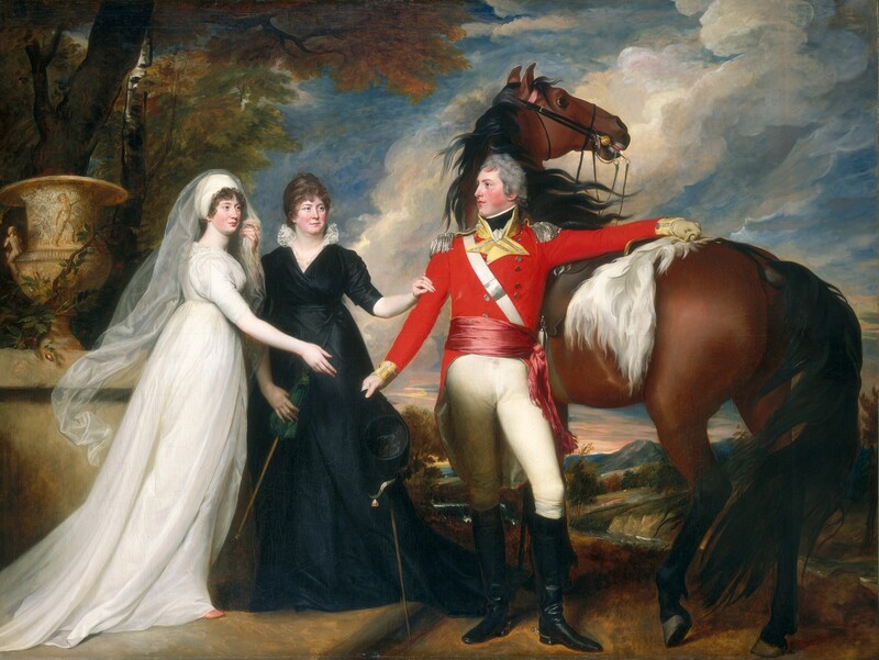 Two women reach for or touch the arm of a man wearing a uniform and standing next to a chestnut-brown horse in front of a deep landscape in this horizontal painting. All three people have pale skin with oval faces, rosy cheeks, long, straight noses, cleft chins, and their mouths are closed. The horse and man fill most of the right half of the composition. The horse’s back is as high as the man’s shoulder, and it stands with its rear angled to our right and its front legs behind the man. It turns its head to look off to our right, its black mane and tail flaring like blazes. The man rests his arm straight across the saddle on the horse’s back. He looks off to our left almost in profile, and his wavy gray hair is wind tousled. His vivid red jacket has silver epaulets, two rows of silver buttons down the front, a high, yellow collar, and yellow cuffs. A black band is wrapped around his neck over a white cloth, the upper edge of which is visible tucked up under his chin. A white strap holding a sword crosses his chest, and a dark rose-pink sash is tied over his coat, around his waist. The tail of the coat falls to his knees, and he wears ivory-white, tightly fitting breeches over knee-high black boots with silver spurs. He wears a pale yellow glove on the hand to our right, which rests on the horse, and holds the second glove and a black hat with the other hand. That arm angles slightly from his body toward the women. Up on a step, the woman closer to the man stands with her body facing us though she looks off to our right. She wears a black dress with elbow-length sleeves and a frilly white collar. Her brown hair is pulled up and back, and curls frame her face. She rests her left arm, to our right, on the man’s upper arm and holds a closed pine-green parasol with her other hand down in front of her body. The other woman stands with her body facing our right in profile, but she turns her face slightly to also look off to our right. She wears a white gown, head wrap, and long white veil. Brown curls peek out from under the head covering. She touches the veil with her left hand, farther from us, and reaches toward the man’s hand with her other. An oversized urn sits on a hip-high wall to the left of the women, and trees grow up the left edge of the painting. The distant landscape has sage-green hills, dark green trees, and rocky mountains along the horizon, which comes about a third of the way up the composition. Clouds create a diagonal and across the blue sky above, which transition to peach along the horizon.