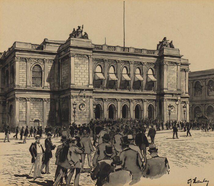 This is a drawing of a classical building with intricate architectural details. The structure depicted has a grand façade with arches, columns, and decorative sculptures. In front of the building, there are figures in formal attire and top hats, suggesting a gathering or event. The scene includes a cobblestone street and detailed shading techniques, creating depth and realism. The artwork features a monochrome color palette, reminiscent of traditional architectural illustrations or historical event documentation.