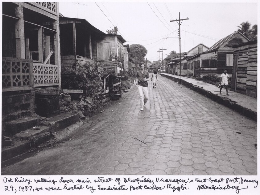Joe Richey walking down main street of Bluefields, Nicaragua's East coast port, January 29, 1987, we were hosted by Sandinista poet Carlos Rigby