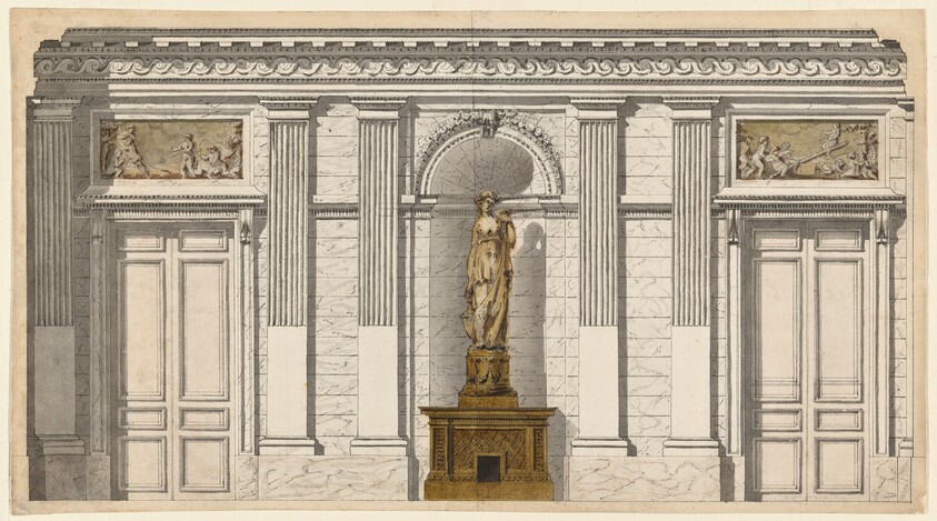 Design for a Wall with Two Doors and a Sculpture
