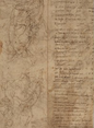 Drawings of bodies fill the left half of this vertical, parchment-colored paper, and writing fills the right half. The drawings and writing are in dark brown ink, and lines from the other side of the sheet show through, creating blurred forms. On the left, several nude male bodies are loosely drawn and appear upside down in this view. Their actions are indistinct but they gesture and turn. The right half is filled with horizontal lines of hand-written text and numbers. A vertical line splitting the two halves was presumably made when folded in half at some point in the sheet's history.