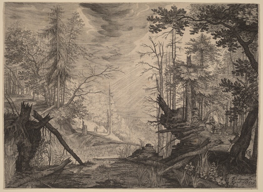 Three Hunters and Two Dogs near a Pool