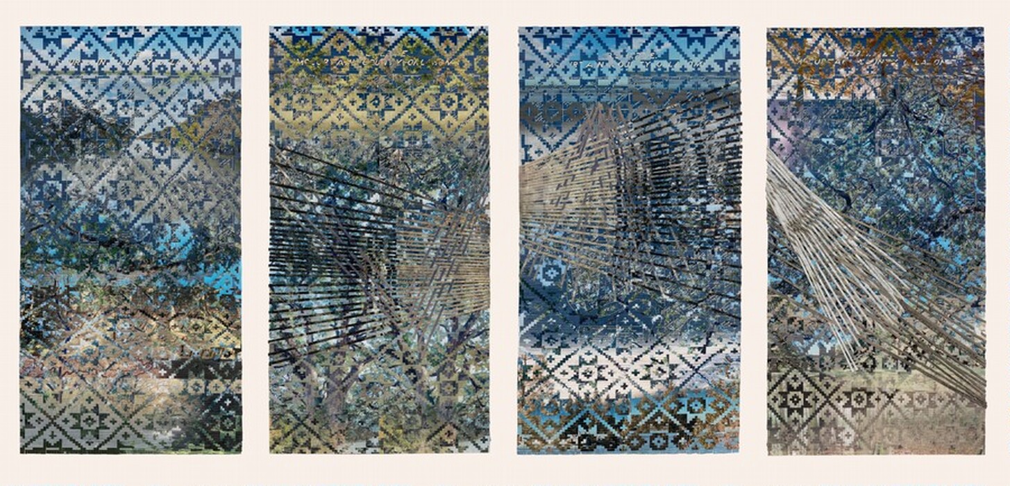 The image shows four vertically aligned panels filled with intricate geometric shapes, primarily consisting of diamond and star motifs arranged in a repetitive pattern. Linear forms sweep across the panels, interspersed within the geometric shapes. The color palette includes blues, browns, and greens.