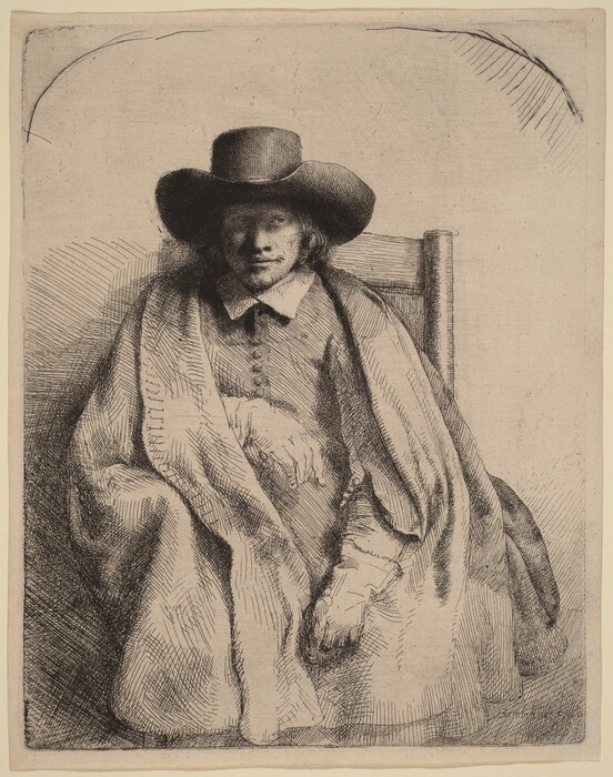 The image depicts an etching of a person seated on a wooden chair. The person is facing forward with both arms resting, the left arm slightly higher than the right. They have a calm expression with defined facial features, including eyes, a nose, and slightly opened lips. Their shoulder-length wavy hair is partially visible under a wide-brimmed hat casting a shadow on the face. The person is wearing a buttoned shirt with a visible collar and a draped cloak, showing folds and texture. There is no visible jewelry or items held by the person. The background is plain with minimal etching lines, focusing on the person as the central subject.