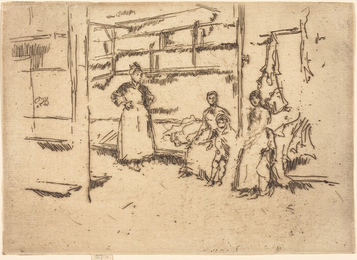 The image shows a sketch of several figures. In the center, there is a woman standing with hands on hips. She is wearing a long dress with long sleeves and an apron, with a scarf or head covering. To her right are an adult and two children sitting on a lower level or bench. The adult and children are minimally detailed, with facial features highlighting nose and mouth outlines and short hair. Their clothing is loosely sketched. In the background, there is an abstract representation of a room with rough, expressive lines. The setting appears to be an interior space against a textured background.