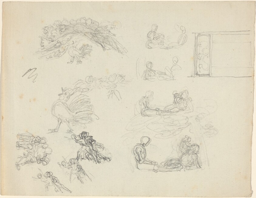 Studies of Crowing Rooster and Reclining Figures [recto and verso]