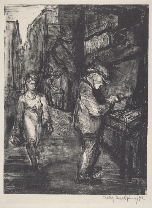 This is a drawing of a street scene with a book vendor. The drawing shows an urban alleyway with a man looking at books on a stand to the right and a person walking towards the viewer. The art style uses heavy lines and shadowy textures to create a sense of movement and atmosphere. The mood is somber yet lively, capturing a moment of everyday life and human interaction with books.