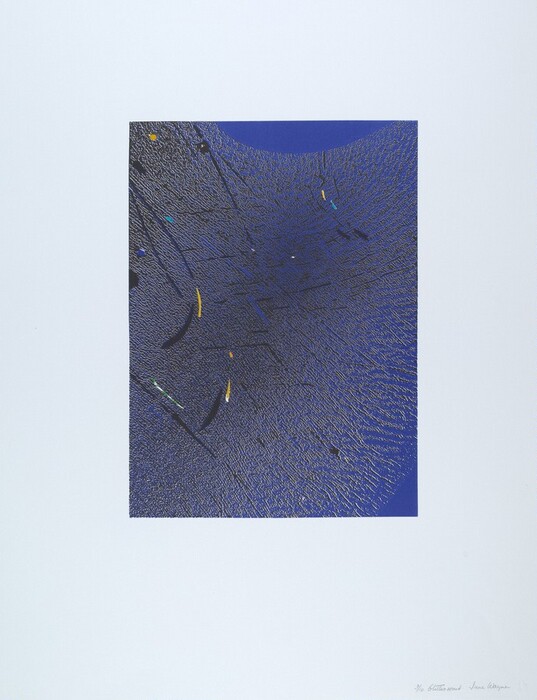 This image depicts an intricate array of interwoven lines and markings in a square frame against a white backdrop. The lines converge towards a central point, creating depth and motion. Deep blue tones are predominant, with hints of yellow, orange, and cyan adding contrast.