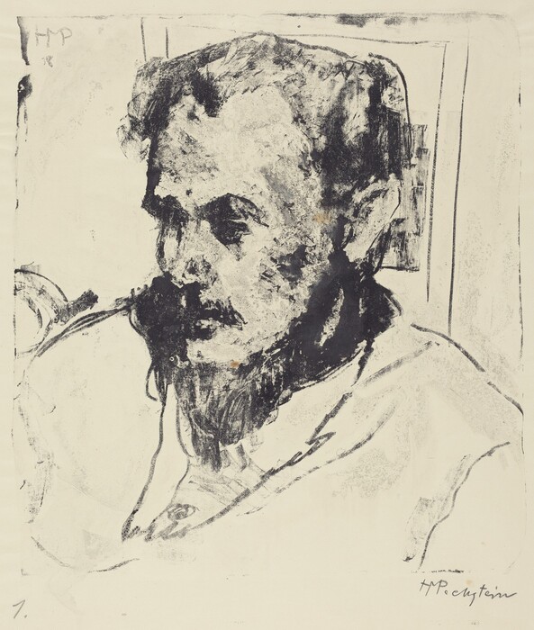 The image shows a drawing of a man's head and upper torso in a three-quarter view. The man has expressive facial features, a mustache, and a beard. He has short, textured hair and wears a loose garment, possibly a shirt. There is minimal detail in the background. The drawing is monochromatic, using shades of black and gray.