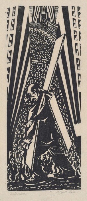 The image features sharp, angular shapes and lines arranged in an abstract composition. Vertical lines and triangles are prominent, surrounding a central human-like figure holding a diagonal structure resembling a large tilted board or cross. In the upper part, the straight lines and zigzag patterns converge to create a design reminiscent of a cityscape or architectural forms with tall buildings and bridges.