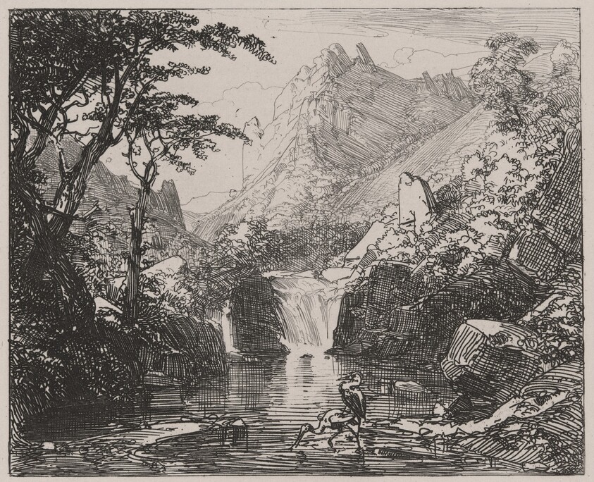 Mountain View with Waterfall and Water Birds