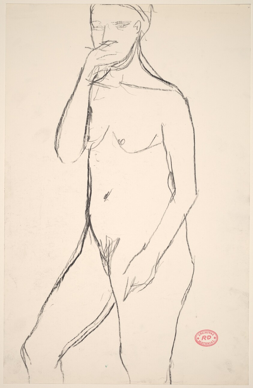 Untitled [standing female nude with right hand to mouth]