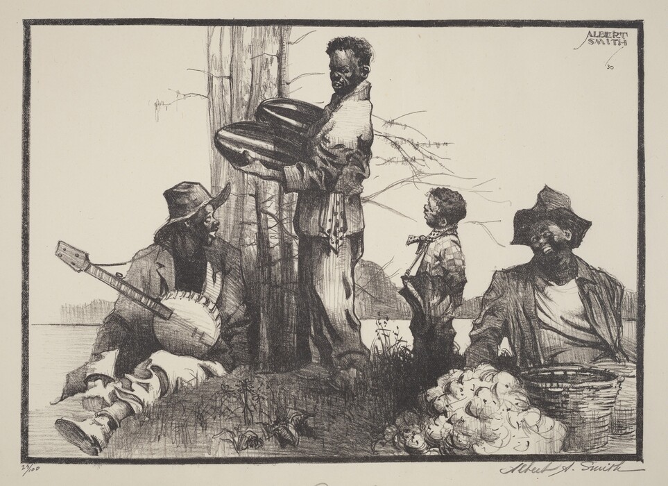 The image features a group of four figures near a tree. The central figure is standing holding two watermelons, wearing a jacket and pants. To his right, a young boy stands wearing a plaid shirt and belt. To the left, a seated man plays a banjo, wearing a hat and patchy pants. Another seated man is on the right, wearing a hat and loose-fitting clothes, with a basket of cotton beside him. The background shows tree branches and a hint of water.