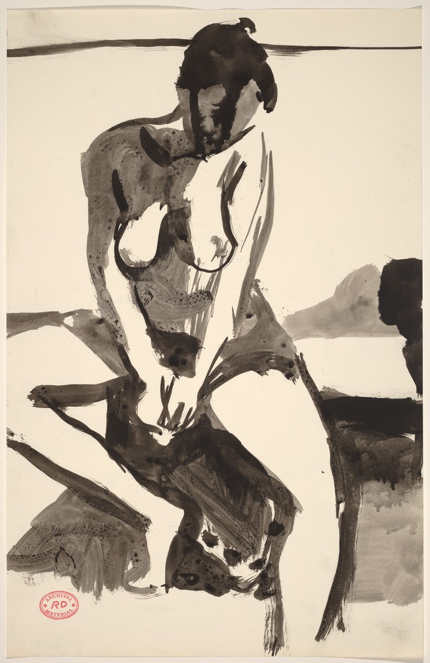 Untitled [seated female nude looking down]