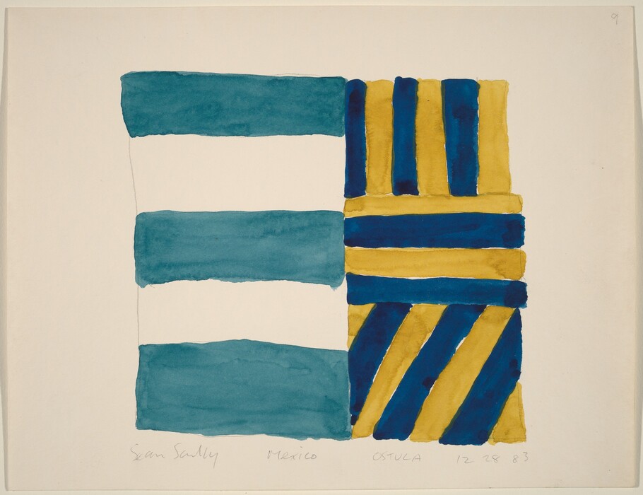The image displays a series of shapes with horizontal blue stripes on the left and a grid of blue and yellow bands on the right. The composition forms a checkerboard or patchwork quilt pattern with color-blocked elements. The lines create a sense of movement and structure in the artwork.