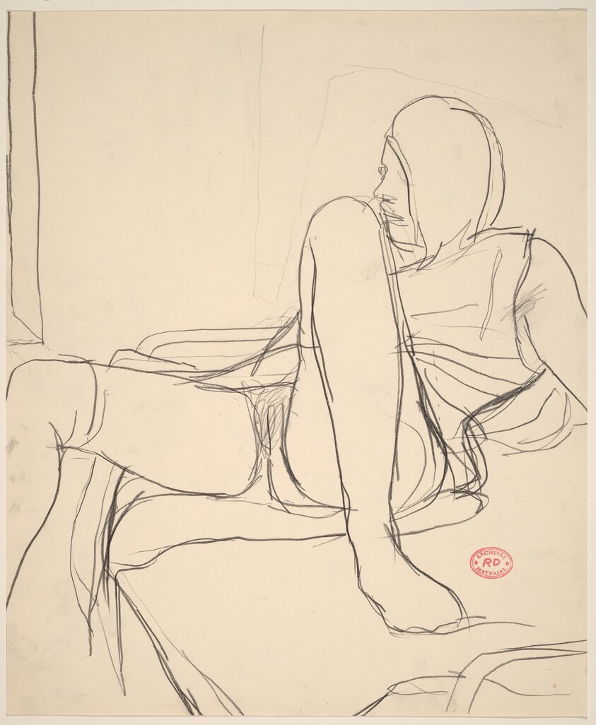 Untitled [female nude on lying back on bed with dress open]