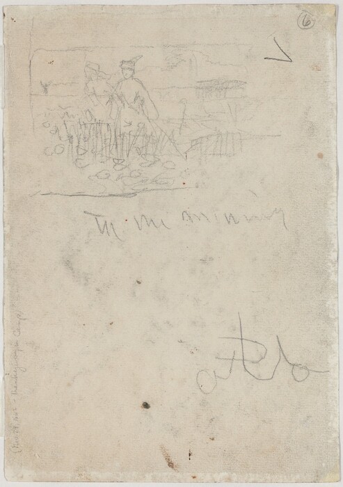 The image shows a sketch with abstract elements. The drawing features rough outlines of figures with abstract landscapes or gardening elements. It is done in pencil with lines and shading. Unclear text and shapes are also part of the composition, contributing to its abstract quality.