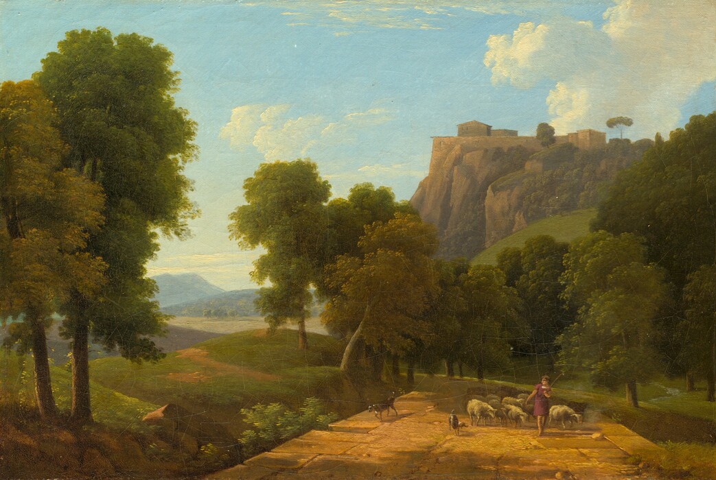 Sun drenches a landscape with trees, grassy hills, and rocky cliffs in this horizonal painting. In the lower right quadrant of the composition, a person with pale skin and wearing a mauve-purple tunic walks toward us on a wide walkway paved with oversized ochre-yellow blocks. The person, presumably a shepherd, braces a staff over one shoulder, and a flock of more than a dozen sheep and two dogs follow. Two trees with straight trunks and roughly oval-shaped canopies rise along the left edge of the canvas to nearly reach the top corner. Grass-carpeted hills lined with more trees roll back and away toward a trickling stream that winds through the middle distance. Rocky cliffs jutting steeply up are outlined against the pale blue sky beyond. A few brown structures are enclosed by a wall on the top of the cliff. On the left half of the composition, hills continue back to mountains that are hazy blue along the horizon, which comes less than halfway up this composition. A few puffy white clouds bob across the otherwise clear sky.