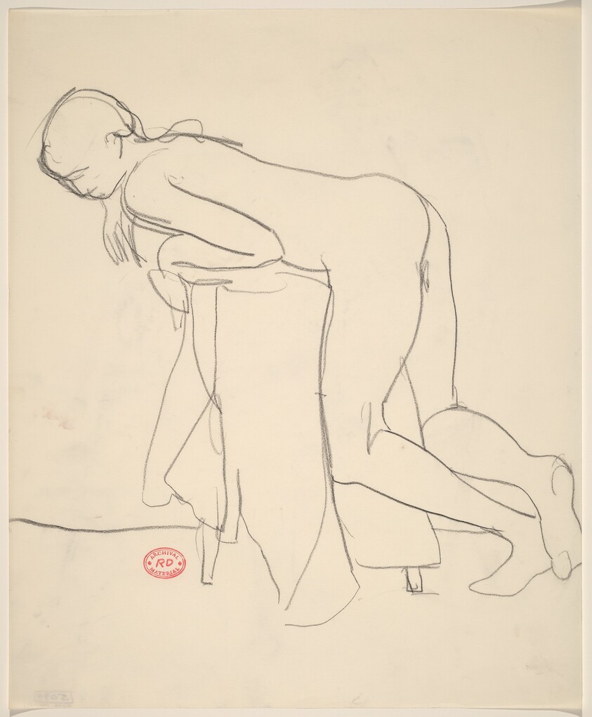Untitled [female nude leaning over a draped stool]