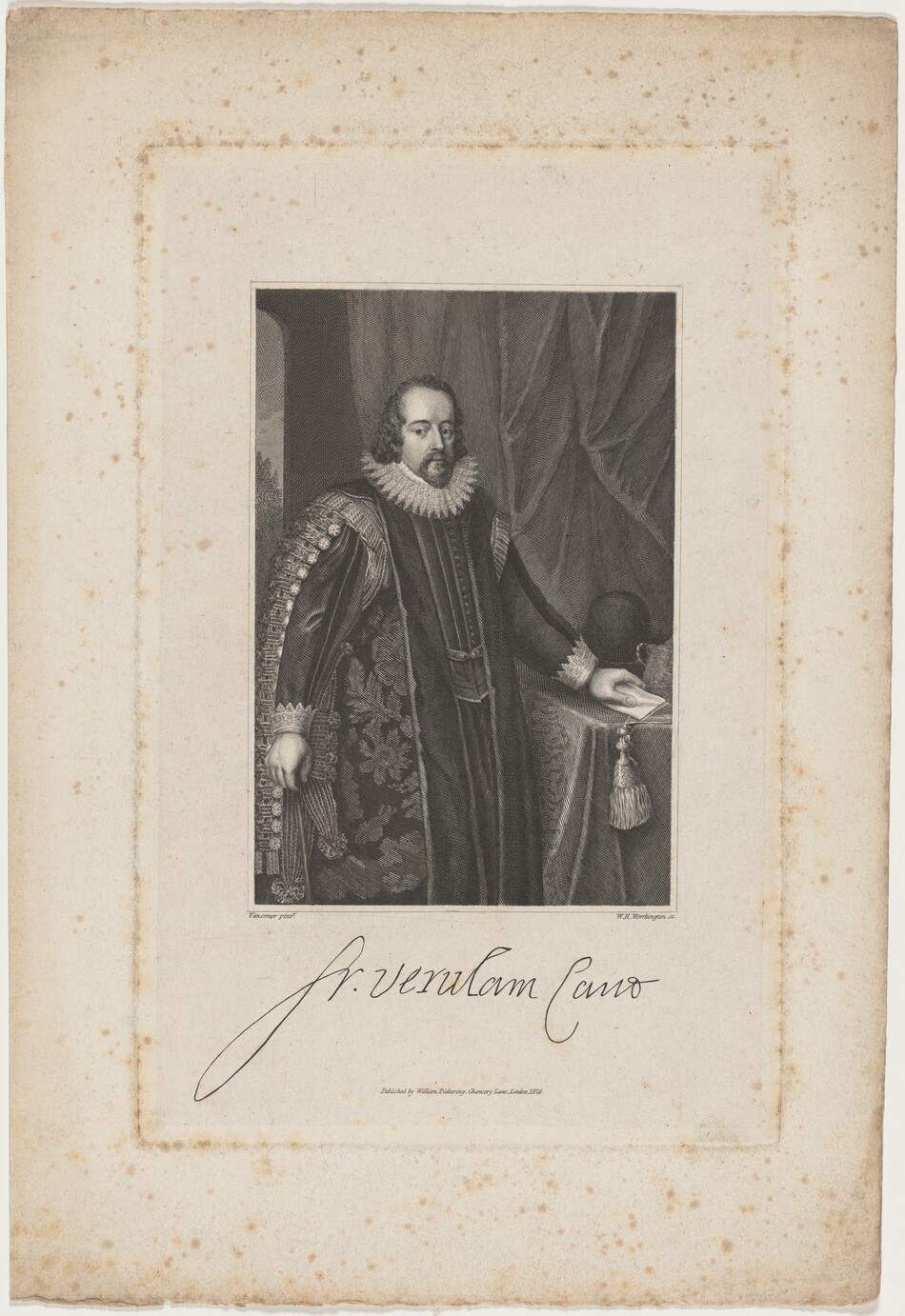 The image shows a man in formal attire, standing with one hand on a table holding a piece of paper. He has a beard, mustache, and styled hair. He wears an elaborate coat with embellishments, a ruffled collar, and a sash. He wears a ring on his hand. Behind him is a curtain, and next to him is a table with a tasseled cloth. The background suggests an interior setting with a column on the left side.