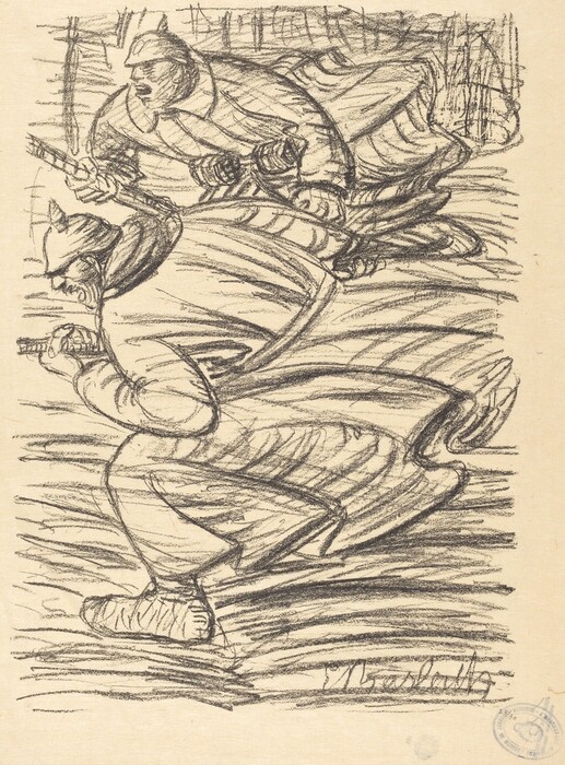 This is a drawing of two figures depicted in mid-motion, crouching and holding objects. The image is rendered in a sketch-like style using bold graphite lines. The figures are shown from the side, with one in the foreground and the other in the background, both enveloped in fluid lines that suggest movement. The background has a series of vertical and horizontal lines that add depth to the drawing, suggesting a dynamic environment. The overall mood conveys energy and urgency, with the quick pencil strokes emphasizing the tense atmosphere of the scene.