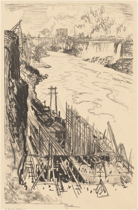 The image shows an elevated view of a construction site next to a river. In the distance are notable natural and urban features, including a city skyline and a waterfall. The composition has a high horizon line, and the artist uses loose, expressive lines to convey energy. The color palette is monochromatic, in shades of black and gray, creating contrast. The construction area is detailed with scaffolding and work elements, the river flows toward the waterfall, and the background shows a skyline blending into the horizon under a cloudy sky.