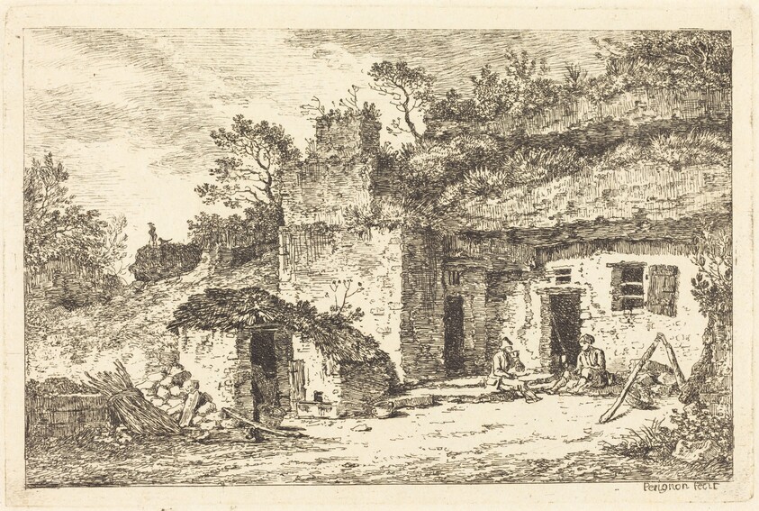 A Cottage with Two Men Seated at the Doorway