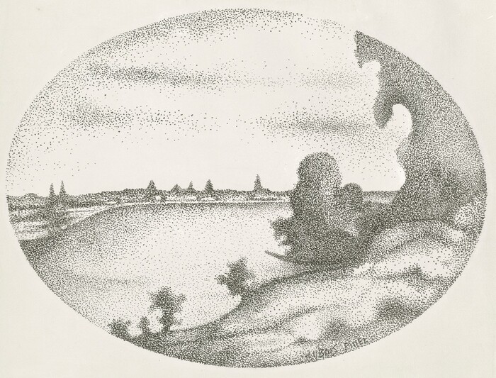 This image depicts a landscape scene created using a stippling technique. The horizon is positioned at the center, featuring distant spires and rooftops of a village. Rolling hills, shrubs, and a body of water are depicted in varying densities of dots. The sky is filled with scattered dots resembling clouds. The composition is rendered in monochrome black ink on a white background.