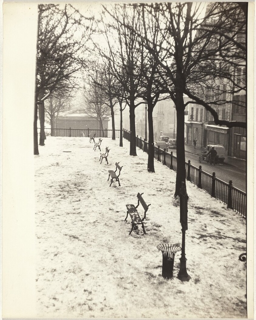 Park benches in snow, Paris