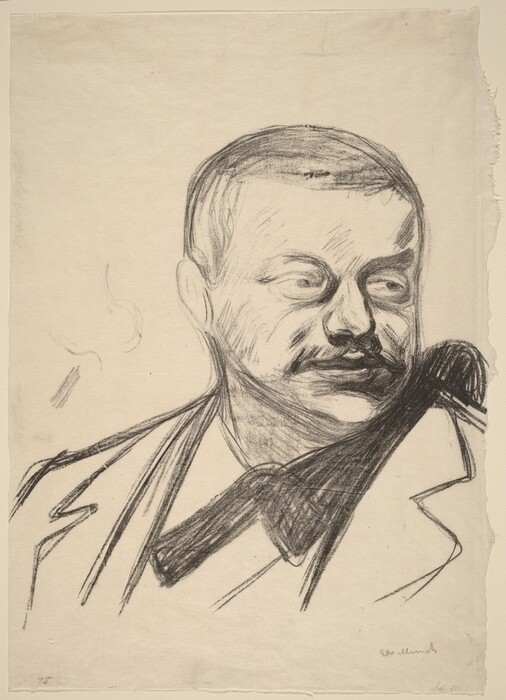 The image is a charcoal drawing of a man's upper body and face. He is facing slightly to the side, with his head turned to the right. The man has prominent cheekbones and a mustache, with short, neat, close-cropped hair. He is wearing a suit with a high-collared shirt and a dark bow tie. The background is plain off-white. The drawing uses shading and lines to create depth and texture.