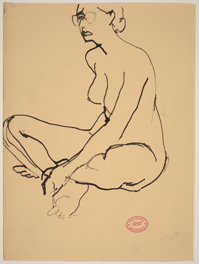 Untitled [seated female nude wearing glasses]