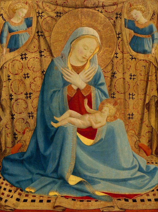 A woman sits in the center of this vertical panel painting and gazes down at a baby lying across her lap while two winged angels hold up a red, gold, and black brocade-like patterned cloth behind her. All the people have pale skin, pink cheeks, blond hair, and flat, gold halos. The woman’s body is angled slightly to our right, and she holds her hands crossed over her chest as she gazes down at the baby. The woman has a straight, pointed nose and a small, pink-lipped mouth. Her azure-blue robe covers her head and drapes over much of the crimson-red dress beneath. The edge of the robe and cuff of her dress are trimmed in gold. The baby lies with his arms slightly raised, and he looks up at the woman. His hips and legs are wrapped with sheer white cloth. The angels in the upper corners of the panel both wear robes in the same azure blue of the woman, and the garments have a gold band around the high waist and gold around the neckline. They look at the woman and hold up the cloth that falls behind and under her and the baby.