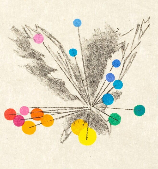 The image features thin, radiating black lines converging at a single point. Surrounding the lines are smudged gray areas. Brightly colored circular shapes in blue, yellow, orange, pink, and red are placed at the ends of the lines. The overall design provides an abstract impression of a bursting fireworks display.