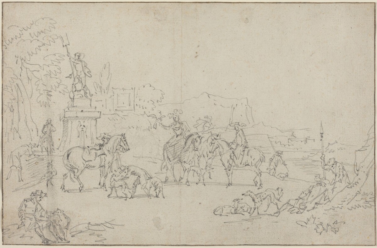 An Elegant Hunting Party Resting by a Fountain