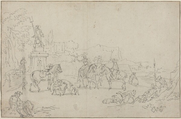 An Elegant Hunting Party Resting by a Fountain