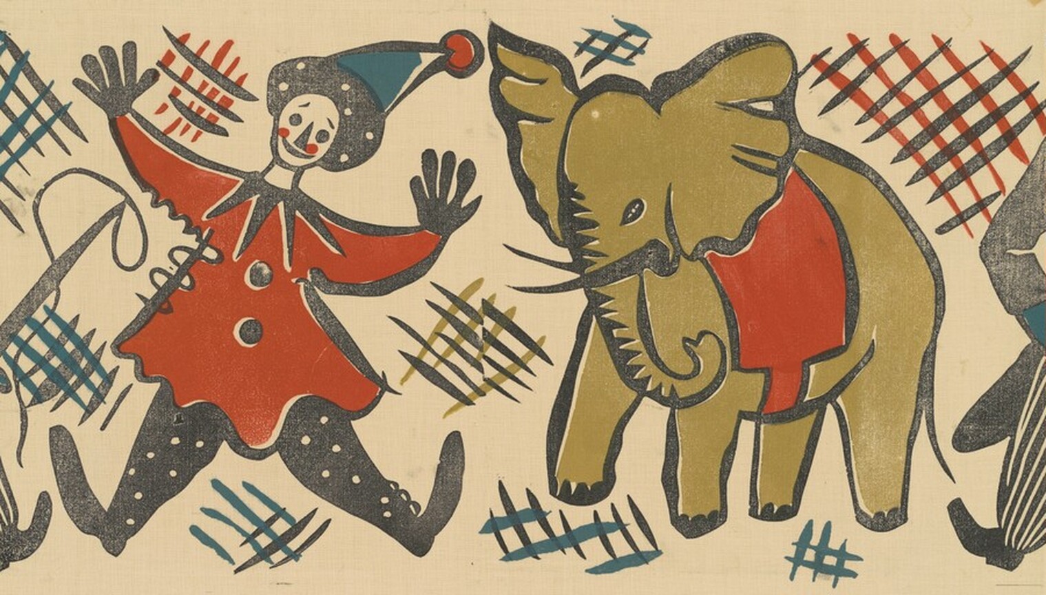 This is a painting of a clown and an elephant. The clown is dressed in a red outfit with large buttons and a polka-dot hat, smiling and waving its arms. Beside the clown stands an elephant wearing a red blanket-like garment. Surrounding the figures are crosshatched patterns in various colors. The artwork is in the style of folk art or naive art, using a limited color palette of red, blue, and yellow, with strong black outlines. The composition is dynamic and has a sense of movement, capturing the joyful essence often associated with circus themes.