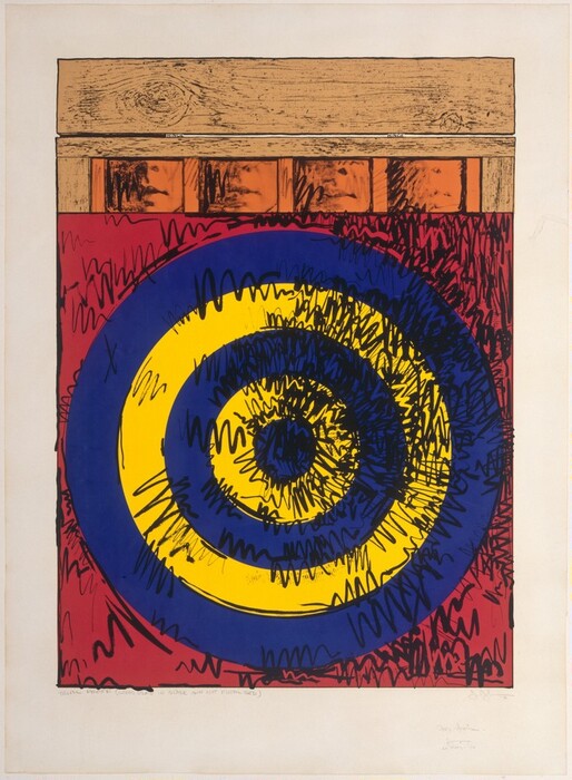 Concentric cobalt-blue and canary-yellow rings alternate and create a target against a cherry-red background in this vertical screenprint. The innermost circle is blue, followed by two yellow and two additional blue rings. Black, scribbled lines are unevenly spaced across the target and background. The top quarter of the print shows a row of four orange, cubby-like objects framed by wood panels. The cubbies each encase a person’s nose and mouth, though the features on the rightmost version are faint so it appears abstract. A wooden slat runs across the top of the cubbies and wood framing around them. The light tan-colored wood panels are drawn with wood grain. Tiny text in the white gap between the wood panels reads “HINGE” to the left and repeats it to the right. The image is surrounded by a wide white margin. A pencil inscription under the left corner of the printed image reads, “Trial Proof (wood grain in black and not final red).” The artist scrawled his signature and the date, “66” under the right corner, and added “For Lois, Johns, 28 May ‘70” below.