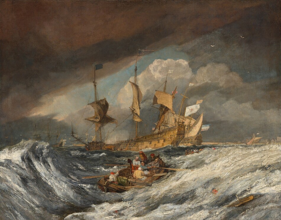 A rowboat carrying seven men is tossed within a furrow of swelling waves under a blanket of copper-brown clouds in this horizontal seascape painting. The white, foamy waves curve up in a deep U-shape close to us. The people in the rowboat all appear to have light skin, and they wear clothing and hats in shades of crimson red, butter yellow, slate blue, gray, and white. Four of the men row with long oars as the boat pitches toward us. One other rowboat follows in the distance, barely visible over the surging wave to our right. A wooden board and some debris are in the churning waves near the lower right corner. The three masted ships in the distance cluster at the center of the picture, and at least two more are visible closer to the horizon, which comes about a third of the way up this painting. Flags and sails tug against the flagpoles and masts, whipping to our right. A bank of towering, puffy, light gray and white clouds lines the horizon. A pale blue band of sky separates those clouds from the curtain of dark clouds, which runs diagonally from the center of the left edge of the painting up to the right corner.