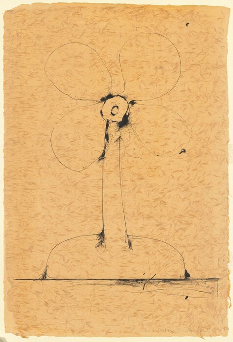 The image displays a series of thin, black lines on a textured beige background. In the center, circular lines radiate outward, resembling a fan or flower with four petal-like extensions. Below, a thick, curved line suggests the base or stem, resembling a simplistic table fan or an abstracted plant. The composition is minimalistic, with abstracted lines creating a form reminiscent of everyday objects.