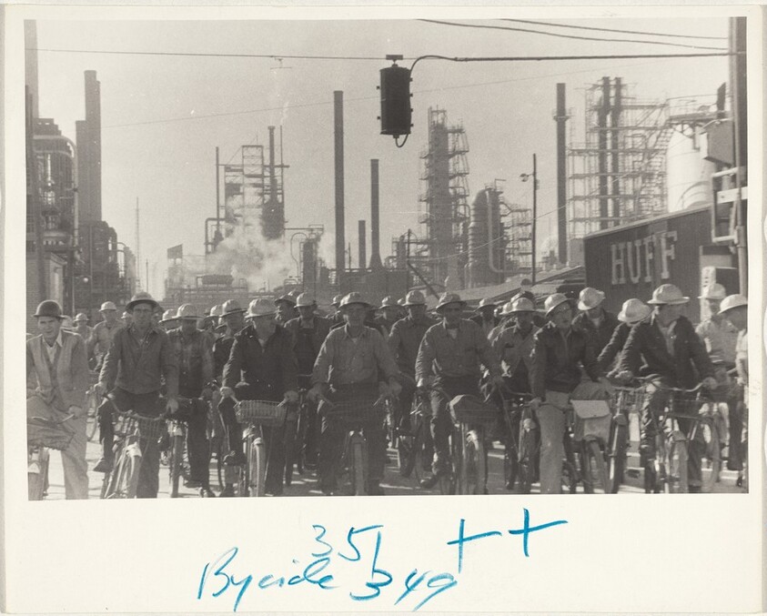 Workers on bicycles, Esso plant--Baton Rouge, Louisiana