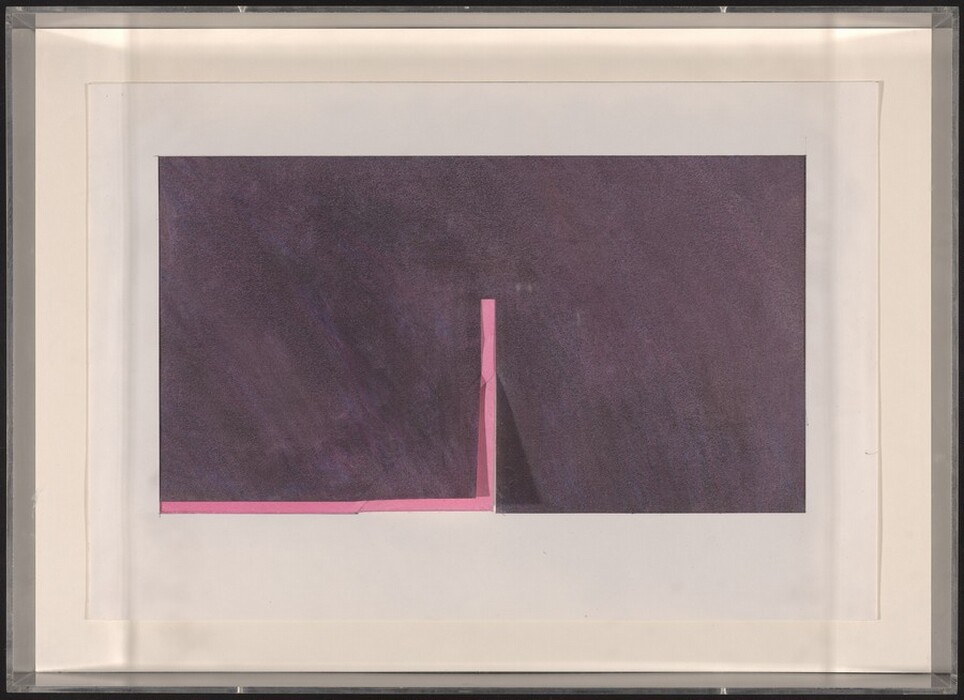 The image consists of angular shapes and lines forming an abstract design. A vertical pink line intersects a deep purple textured plane at its base, creating a profile resembling a staircase or a stylized letter 'L'. The design suggests architectural elements, like the edge of a building casting a shadow, contributing to the geometric aesthetic.