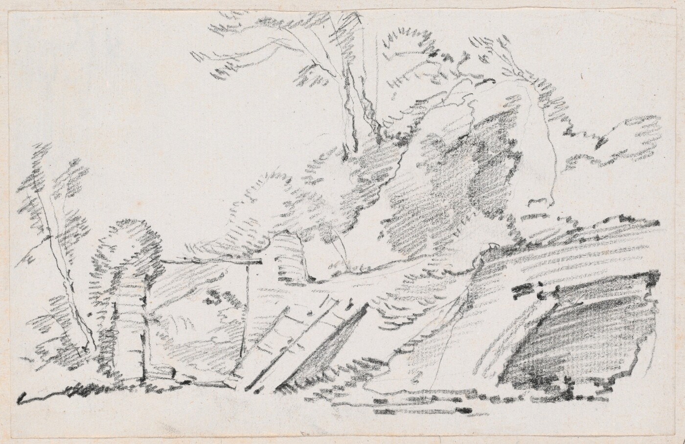 The image is a monochromatic sketch of a natural landscape from an elevated point of view. The composition lacks a defined horizon, creating a sense of continuity. The sketch depicts trees and rocky formations with varying density using expressive brushstrokes. The color palette is solely black on a white background. Close to the viewer are rough terrains and pathways, while in the distance are loosely defined vegetation and open sky or cleared spaces.