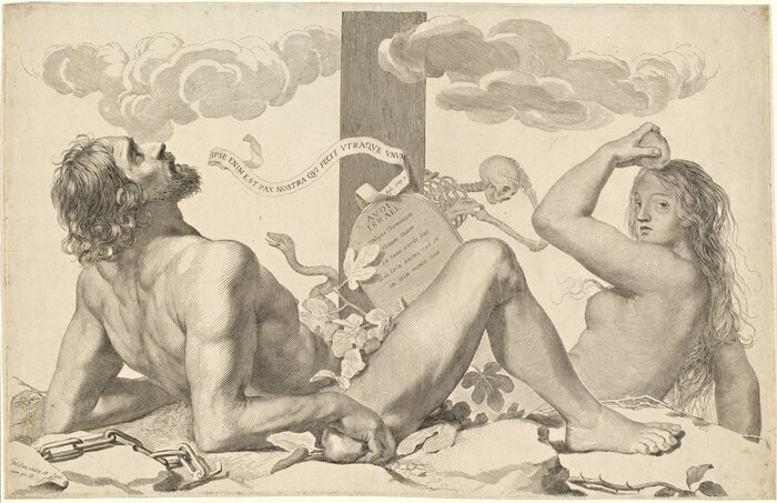 The image depicts two nude figures in a complex scene. The male figure, on the left, is muscular with a full beard and curly hair, lying on the ground with his head tilted back. The female figure, on the right, sits with one arm raised behind her head, long flowing hair, and delicate features. Both have modesty leaves and vines covering some areas. In the background, there is a stone tablet with Latin inscriptions partly obscured by clouds, a reaching skeleton, stylized clouds, and chains on the ground around the male figure.