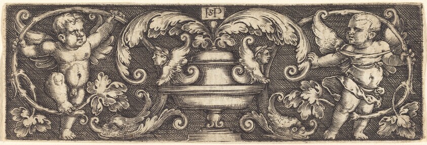 Ornament with a Vase Between Two Genii