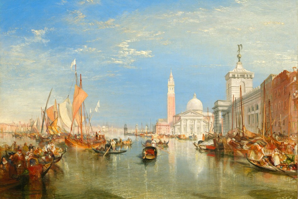 We look across a glittering waterway lined with long, low boats and sailboats at an ivory-white church in the distance to our right in this horizontal landscape painting. The horizon line comes about a third of the way up the composition, and wispy white clouds sweep across the brilliant azure-blue sky above. A row of buildings comes into view lining the canal to our right, with a terracotta-orange building followed by a cream-white building beyond, both angled toward the church. The church has a high dome rising over the temple-like front, which has columns supporting a triangular pediment. A tall bell tower rises to the left of the church. The low boats, gondolas, to our left are packed with people while a few gondolas floating in the center of the canal appear occupied only by their gondoliers who stand holding their poles. Painted in tones of ivory and peach, the sails of boats behind the gondolas to our left billow in the breeze while the sails of vessels docked to our right are furled. The structures, boats, and people cast shimmering reflections on the gently rippling surface of the water in the canal. Rows of boats and buildings lining the canal extend into the deep, hazy distance to our left.