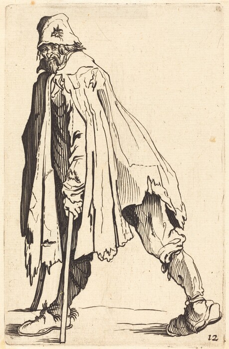 The image shows an elderly man supported by two walking sticks, leaning forward. He has a beard, wears a hat with an emblem, and has long unkempt hair. He is dressed in loose, tattered clothing with a cloak on his shoulders and worn footwear. The background is minimal.