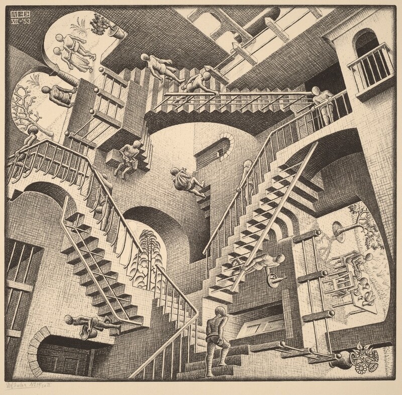 Printed with black lines and shading on cream-colored paper, we look down onto three, interconnected staircases in a triangle that shifts constantly to create an optical illusion in this square lithograph. Nine faceless people walk up and down the staircases toward landings that are positioned at different angles. The bodies of the people are generalized, and some carry baskets, sacks, trays, or are empty-handed. There are arched doorways and openings on each landing and between some of the landings. Some doors are closed or ajar, and other arches open onto outdoor scenes with trees. Two people sit at a food-laden table through a wide opening, sideways, to our right. As our eye follows the progress of each individual person, we are constantly interrupted by a staircase, landing, door, or other person that disorients our sense of space. The blocky, conjoined letters “MCE” appear in the space of the image at the upper left corner. Below it, in white against the dark background, it reads, "VII-'53." A pencil inscriptions in the margin beneath the lower left corner of the printed image reads, "MCEscher No 18/50 II."