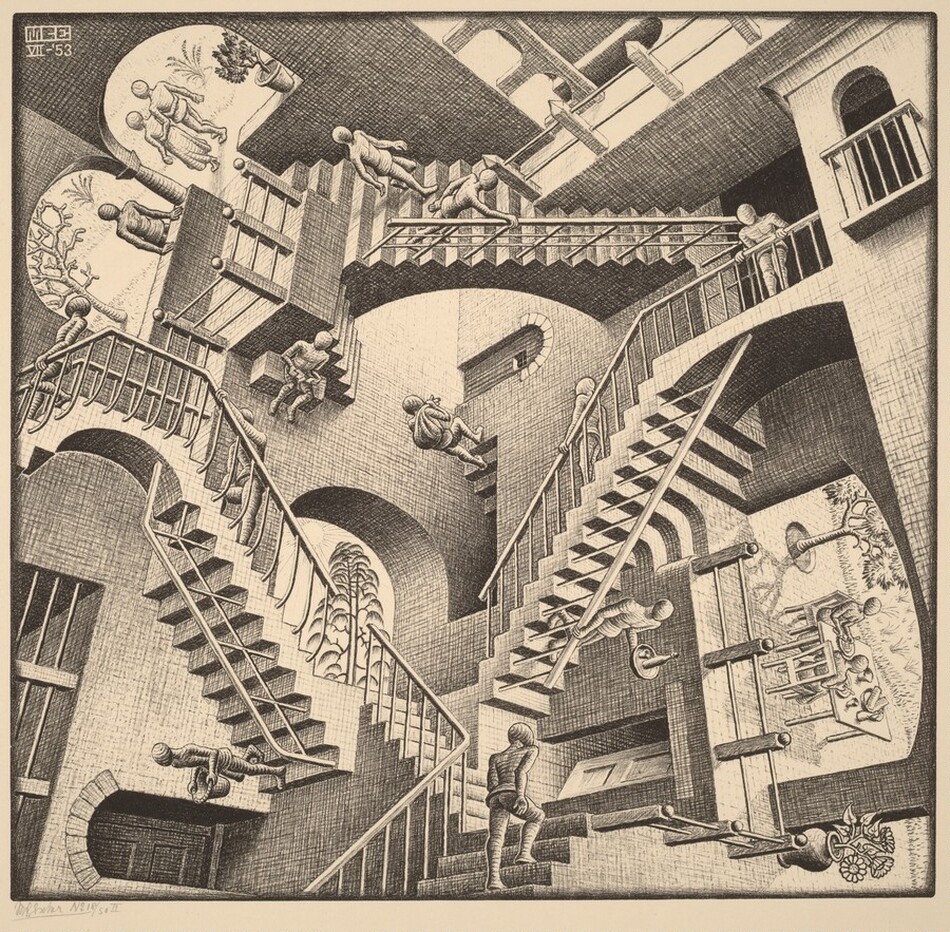 Printed with black lines and shading on cream-colored paper, we look down onto three, interconnected staircases in a triangle that shifts constantly to create an optical illusion in this square lithograph. Nine faceless people walk up and down the staircases toward landings that are positioned at different angles. The bodies of the people are generalized, and some carry baskets, sacks, trays, or are empty-handed. There are arched doorways and openings on each landing and between some of the landings. Some doors are closed or ajar, and other arches open onto outdoor scenes with trees. Two people sit at a food-laden table through a wide opening, sideways, to our right. As our eye follows the progress of each individual person, we are constantly interrupted by a staircase, landing, door, or other person that disorients our sense of space. The blocky, conjoined letters “MCE” appear in the space of the image at the upper left corner. Below it, in white against the dark background, it reads, "VII-'53." A pencil inscriptions in the margin beneath the lower left corner of the printed image reads, "MCEscher No 18/50 II."