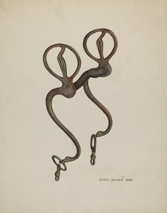 The image shows a large metal object, likely a caliper or a pair of pliers. It is predominantly brown and appears aged or rusted. The object is against a plain off-white background, with two curved prongs, circular handles at the top, and smaller hooks at the ends. At the bottom right is the text "ETHEL DORSEY 1936."